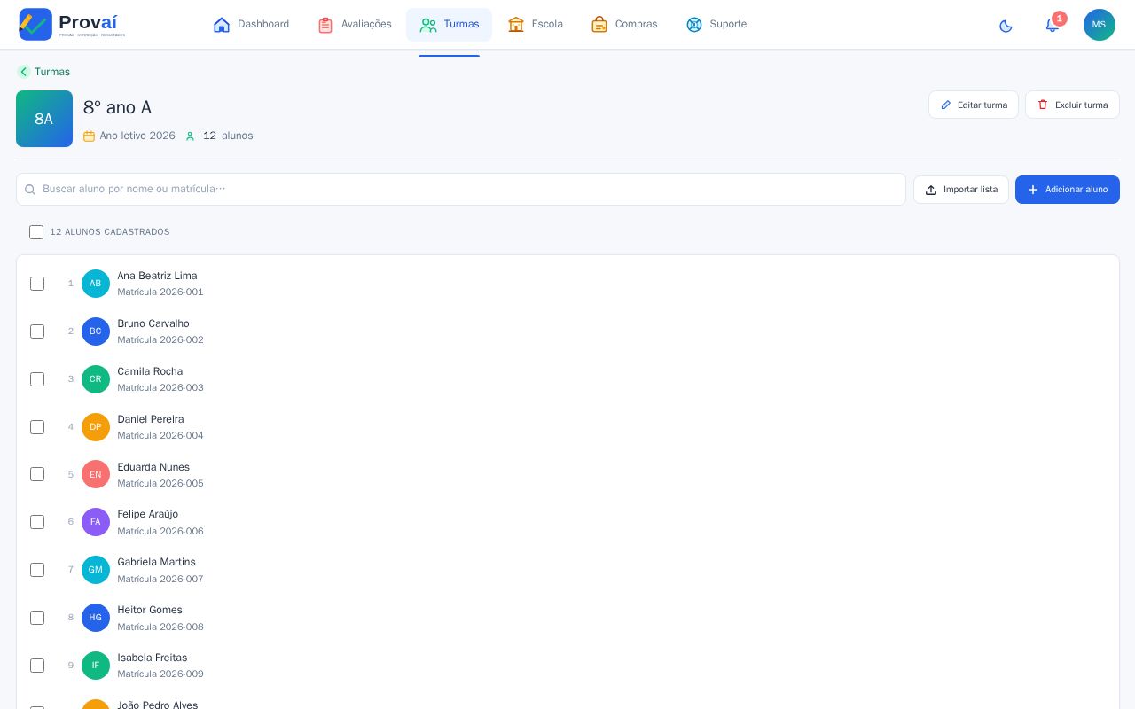Lista de alunos com o botão de tirar da turma em uma linha