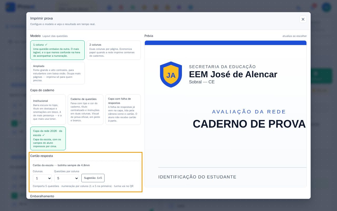 Janela de impressão da avaliação da escola com o cartão configurado