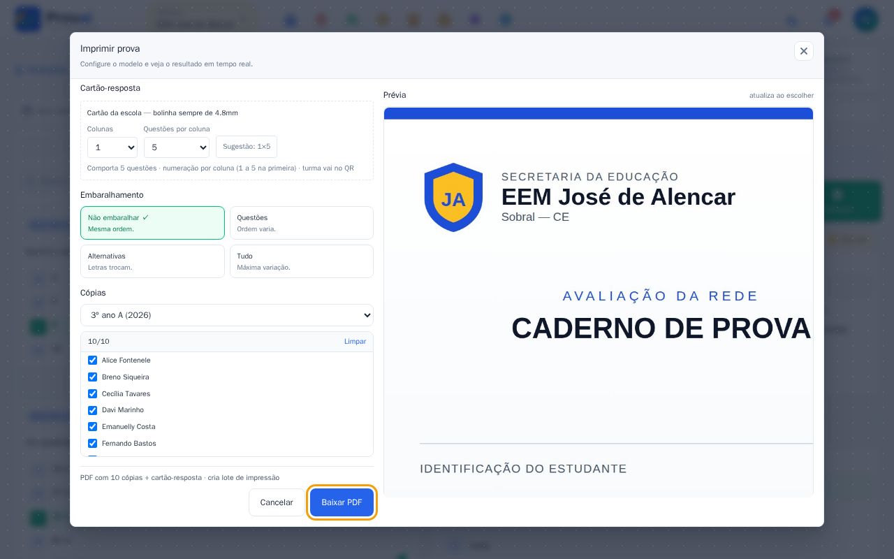 Resumo da impressão com o botão Baixar PDF