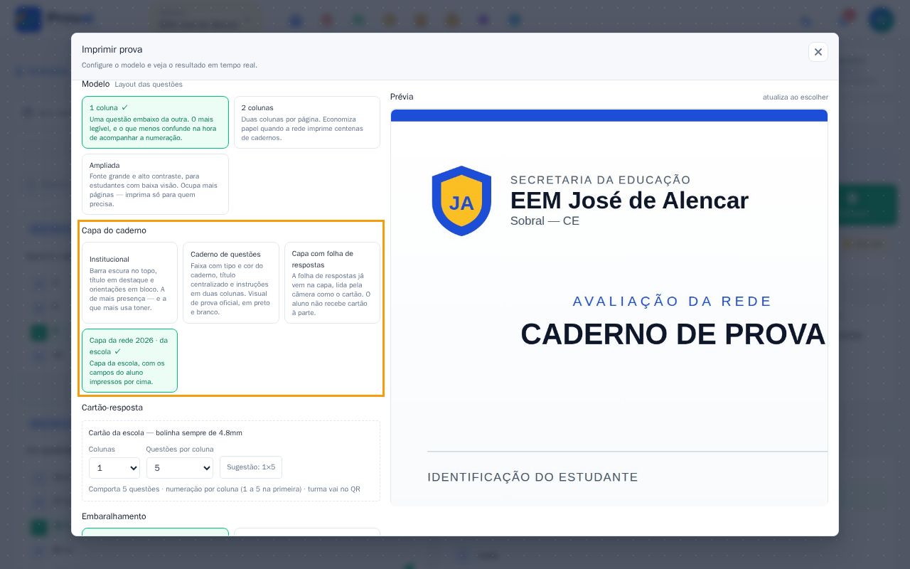 Janela de impressão com a capa da escola escolhida