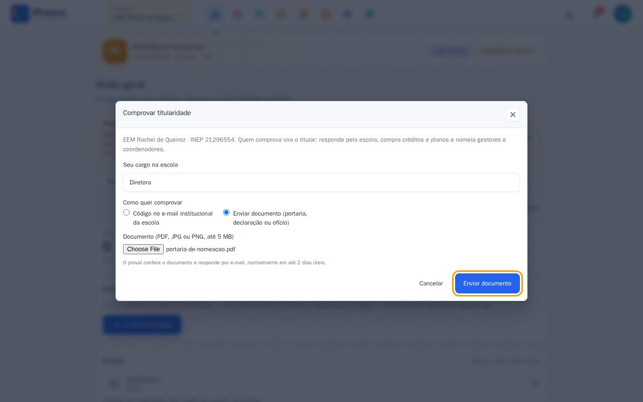 Janela Comprovar titularidade com o documento escolhido
