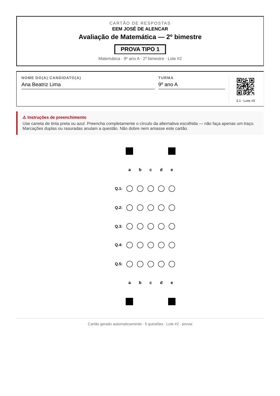 Cartão-resposta impresso com os quatro marcadores pretos e o código QR