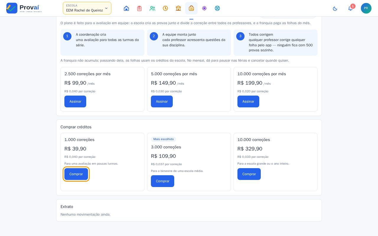 Pacotes de créditos da escola com o botão Comprar
