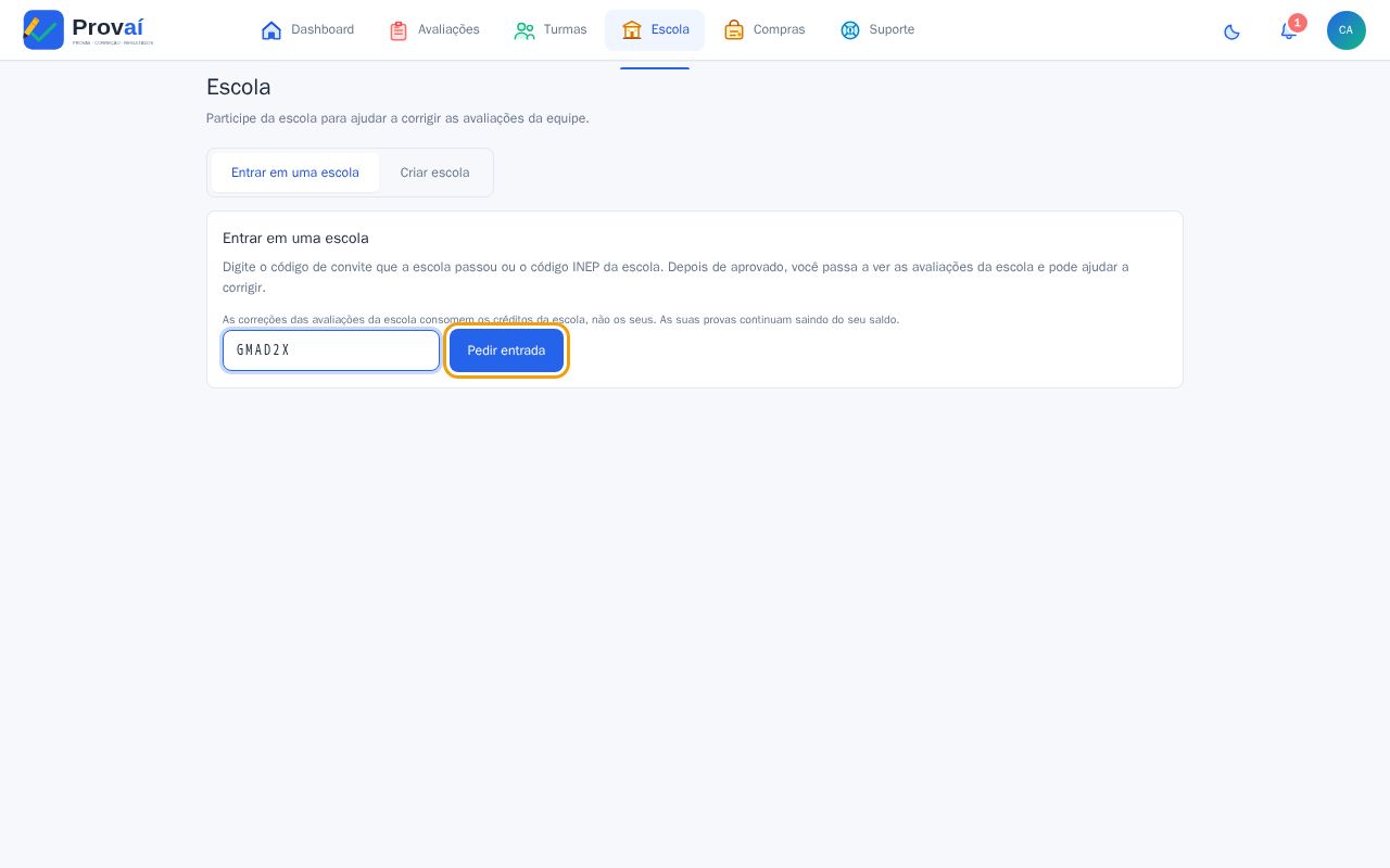 Tela do professor com o código digitado e o botão Pedir entrada