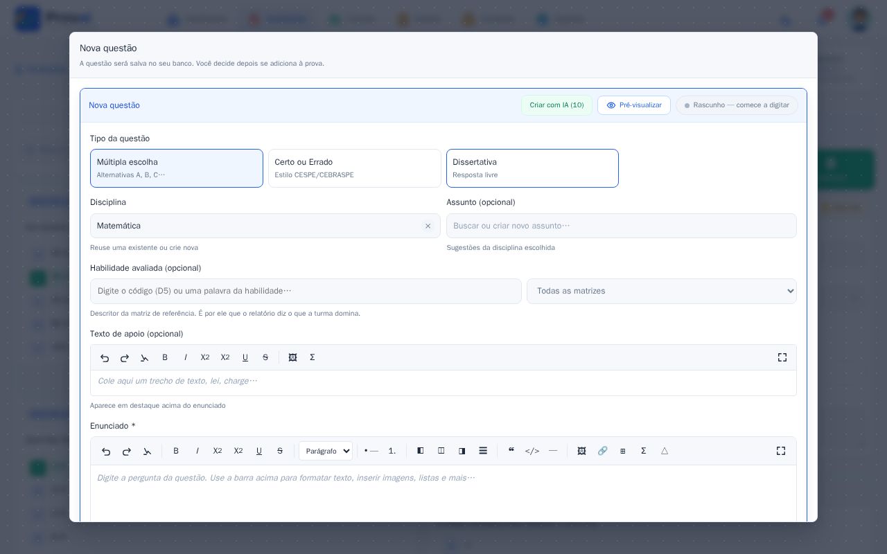 Editor Nova questão aberto com os modelos para começar