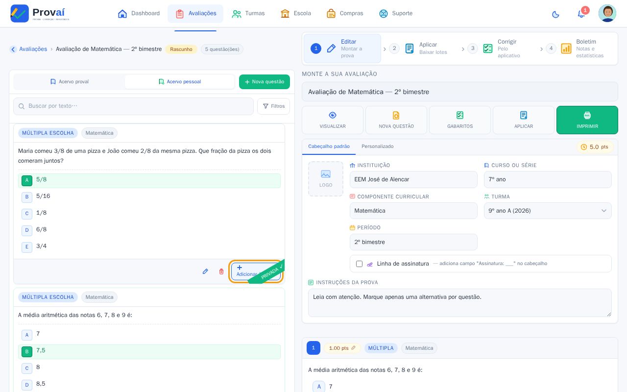 Aba Acervo pessoal com a questão criada e o botão Adicionar à prova