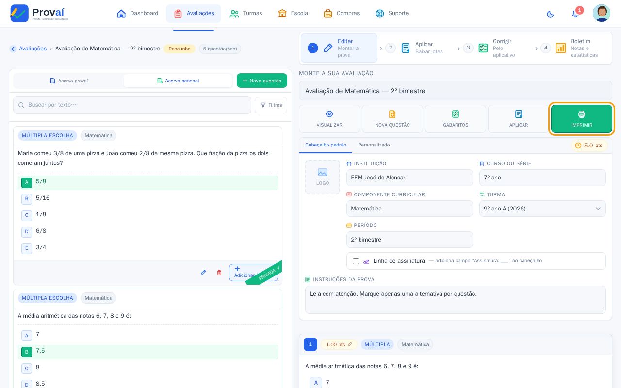 Página da prova com o botão Imprimir destacado