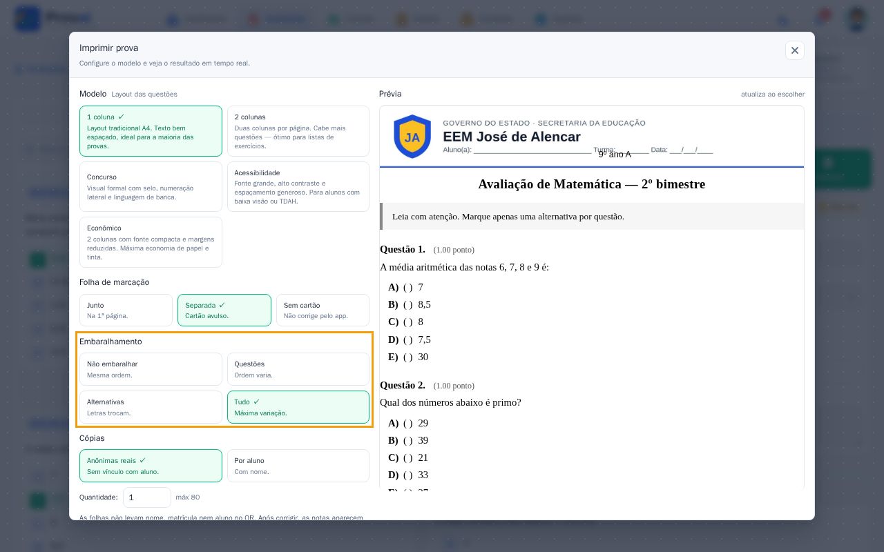 Opções de embaralhamento