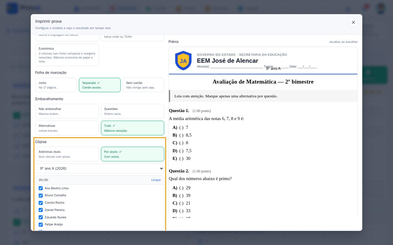 Cópias por aluno com a turma escolhida e a lista de alunos marcados