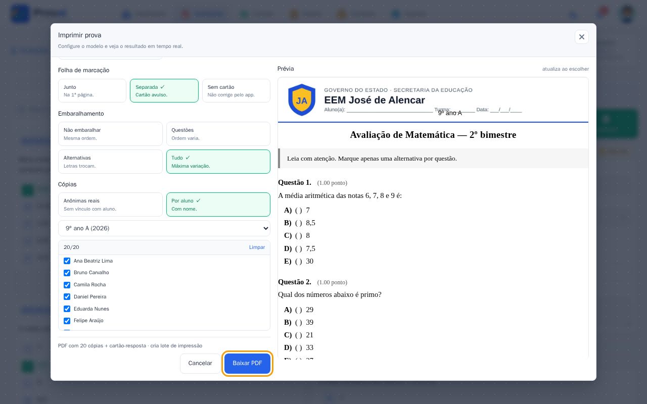 Resumo das cópias e o botão Baixar PDF