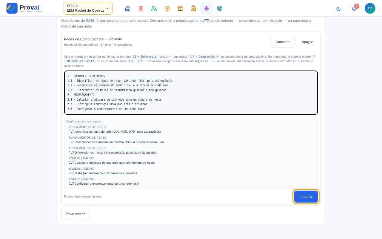 Descritores colados com a prévia e o botão Importar