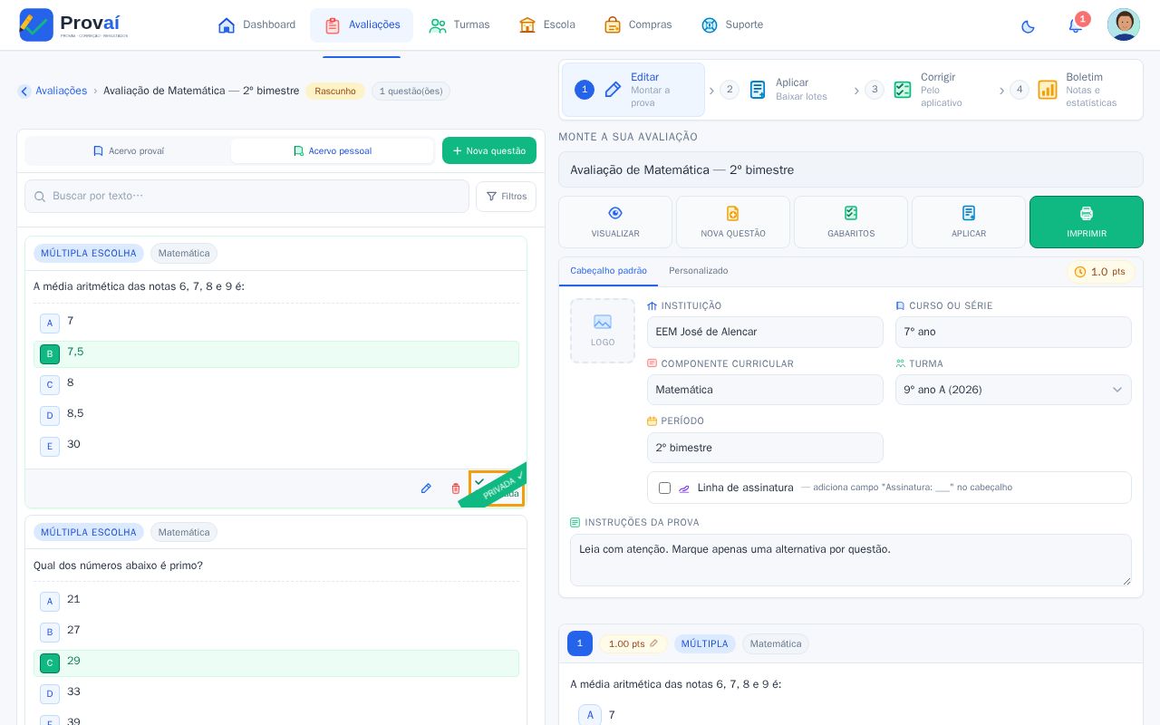 Questão adicionada à prova com o botão Adicionar à prova destacado