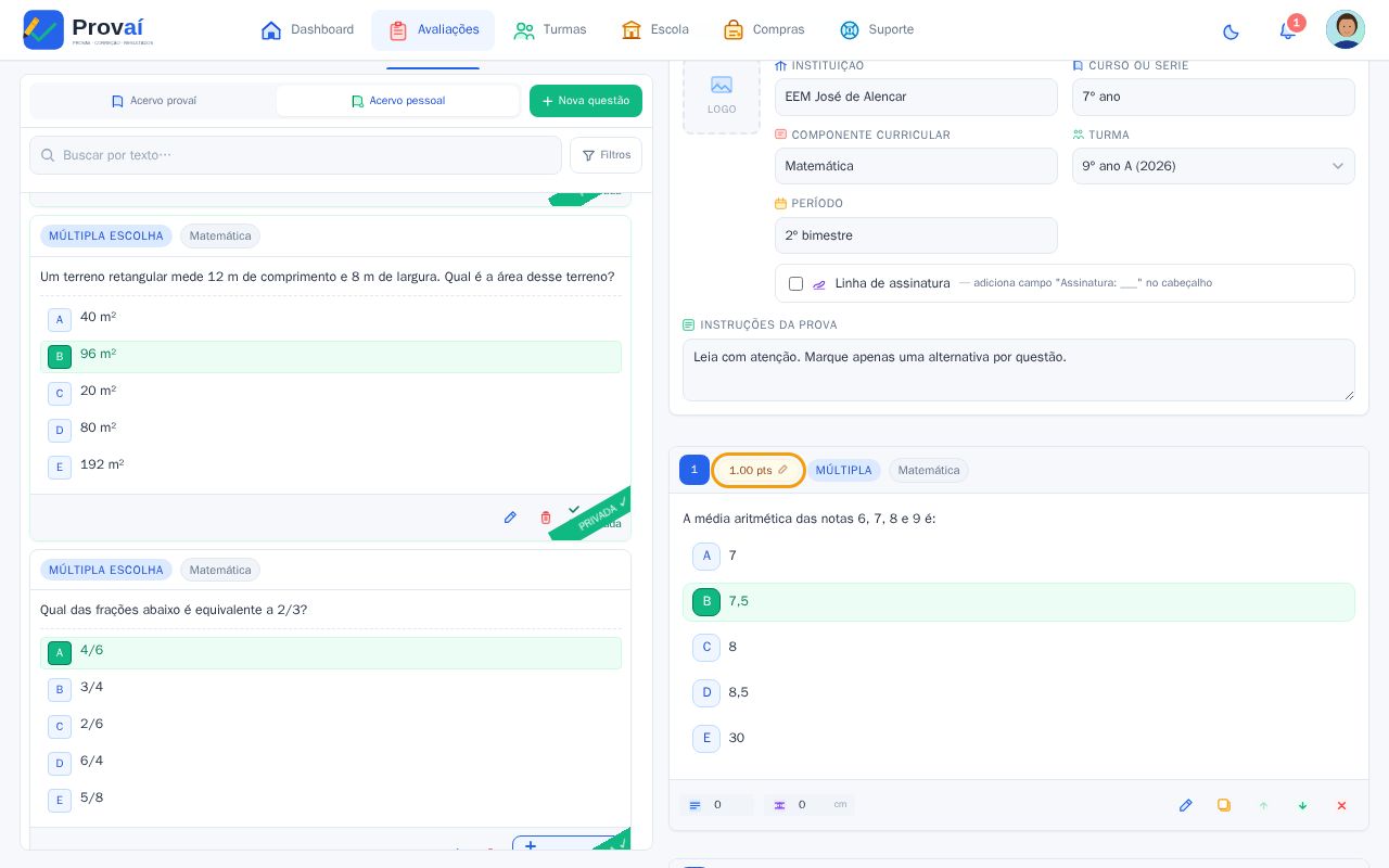 Prova com três questões, a pontuação e os botões de ordenar