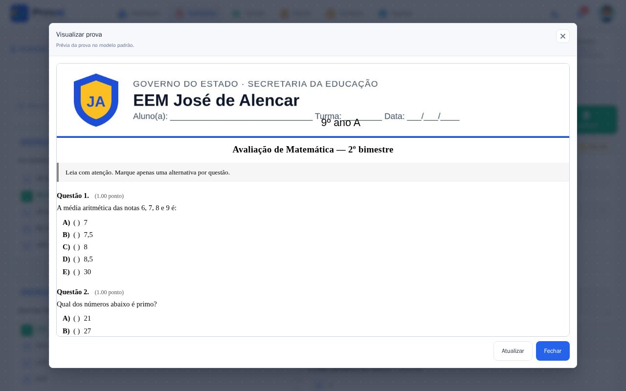 Janela Visualizar prova com a prévia da impressão